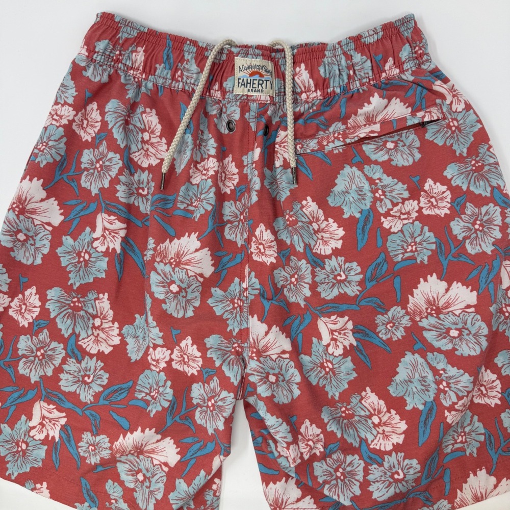 Faherty Brand Mens Medium Floral‎ Swim Trunks Coral Elastic Waist Board Shorts